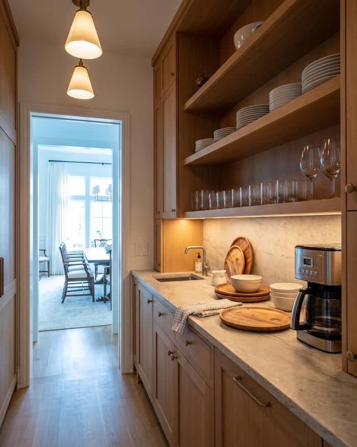 Butler's pantry between kitchen and dining room with a prep sink, glassware storage, and staged platters.