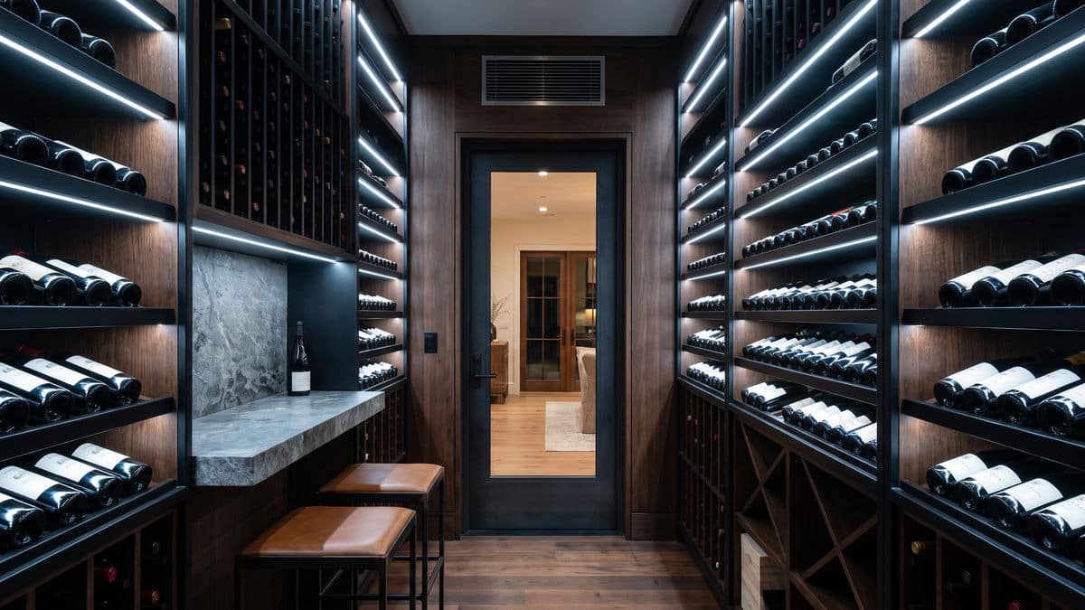 Custom walk-in wine cellar with floor-to-ceiling racking, a tasting counter, and an insulated glass door.