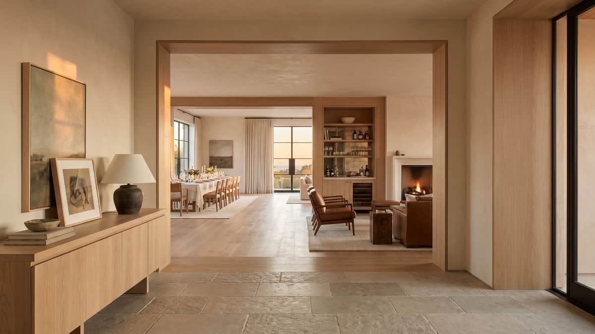 Open sightline through a luxury home from the entry, past a lounge bar, to the dining room.