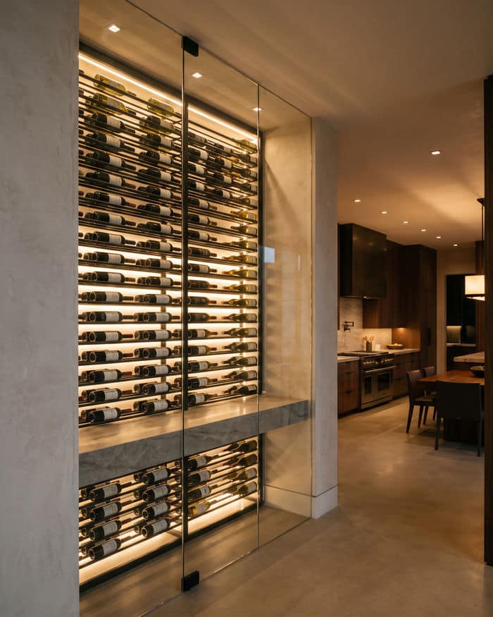 Frameless glass wine wall with metal racking, LED backlighting, and a built-in stone tasting counter.