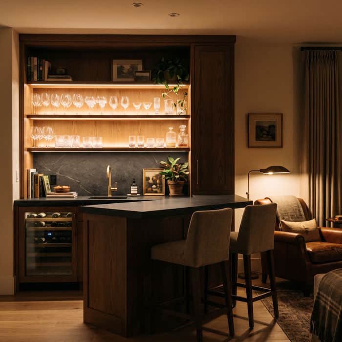 Built-in home wet bar with a stone counter, sink, backlit glassware shelving, and lounge seating.